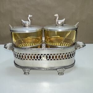 Vintage Condiment Set Spoons & Caddy Amber Glass Jars Ducks Spain